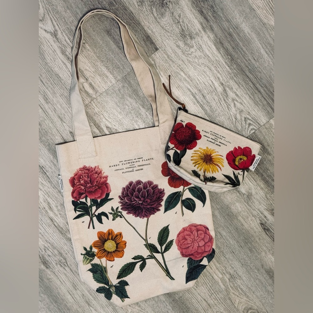 NEW Cavallini & Co. Botanica Tote Bag And Small Matching Cosmetic Bag Set
